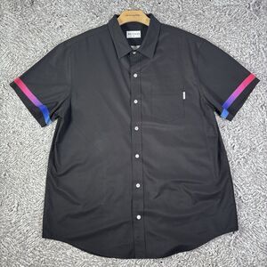 MAVRANS Button Shirt Mens XL Short Sleeve Black Stripes Stretch Coconut Husk